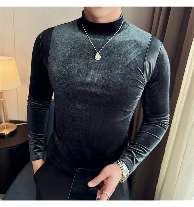 Turtleneck Stretch Slim-fit T-shirt Men Long Sleeve Thicken Elastic Velvet Retro Fashion Casual Tshirt Handsome Man T Shirts Street King Limited