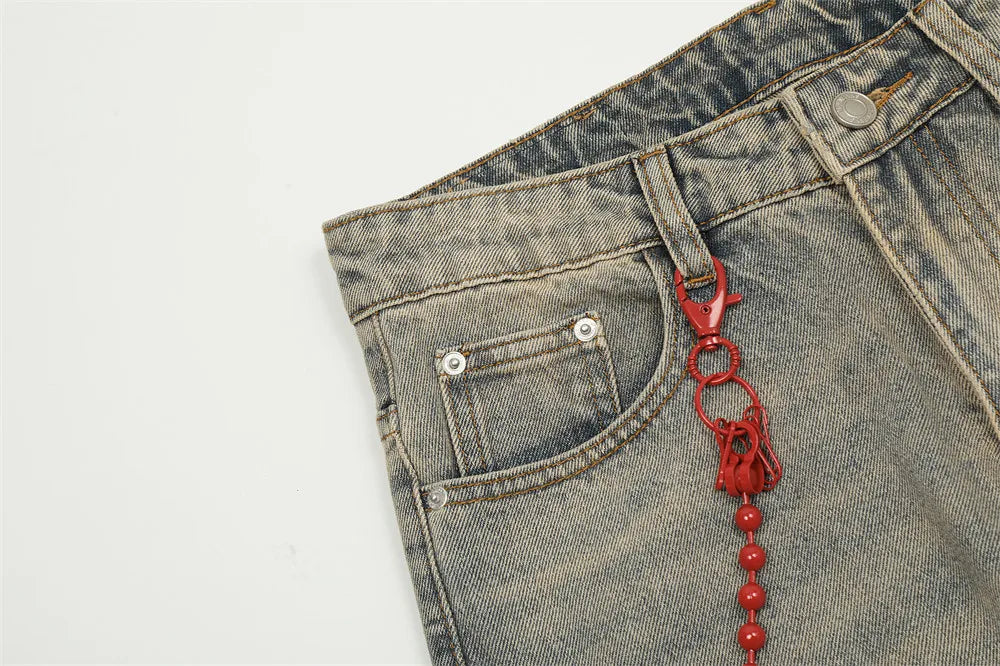 red chain pendant washed vintage jeans men women streetwear fashion hip hop loose casual wide leg denim jeans pants trousers unique jeans style 1429