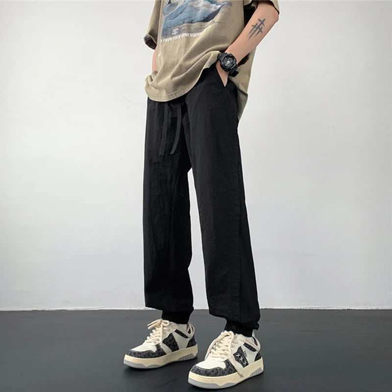summer mens solid color breathable trousers male casual elastic waist fitness joggers sweatpants autumn baggy straight pants sporty tapered joggers