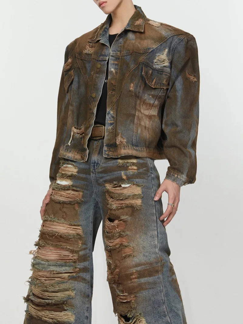 2 pieces sets mens dirty graffiti wide shouder denim jeans jacket coat and ripped holes wide legs pants joggers streetwear sets urban active pants