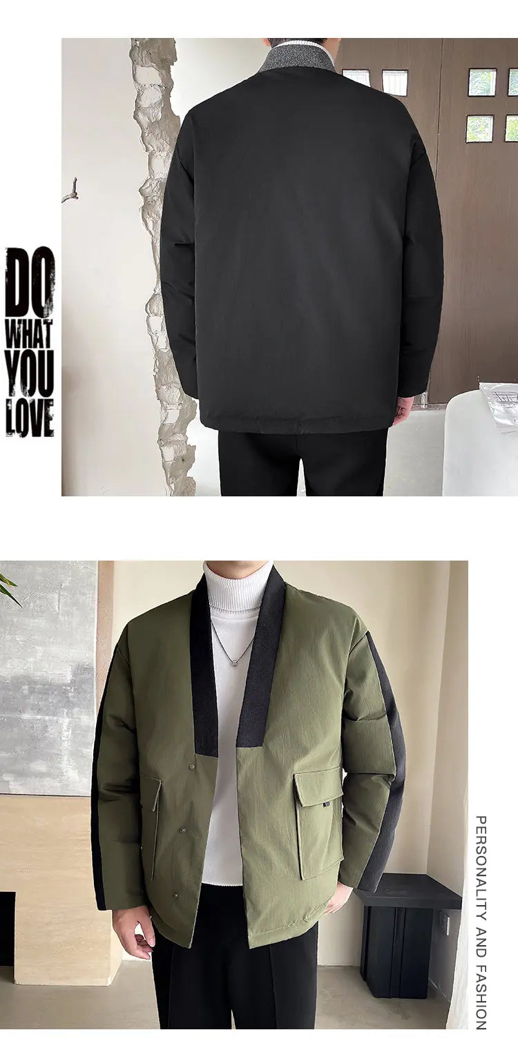 2024 Winter Collarless Cotton-padded Jacket Men Japanese Korean Fashion Loose Casual Thicken Warm Parkas Jacket Cityboy Coat Street King Limited
