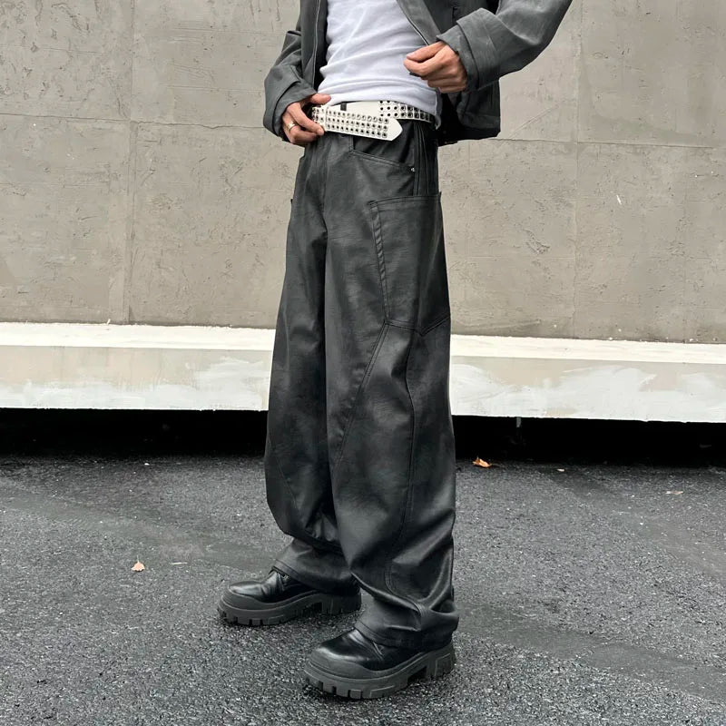 men brand fashion splice pocket loose casual wide leg leather baggy pant cityboy streetwear cargo motorcycle pants trousers unique cargo style 2422