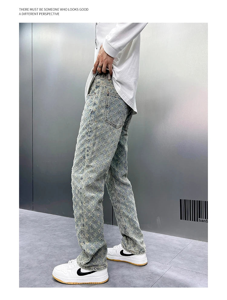 Men Wide Leg Denim Pants High Street American Retro Jacquard Loose Straight Jeans Y2K Fashion Streetwear Baggy Trousers Street King Limited