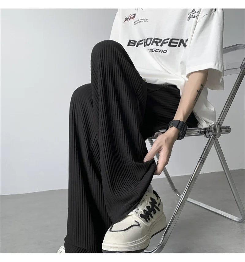 summer texture straight pants for men korean fashion baggy wide leg trousers casual drape pleated striped y2k pantalones hombre unique default style 489