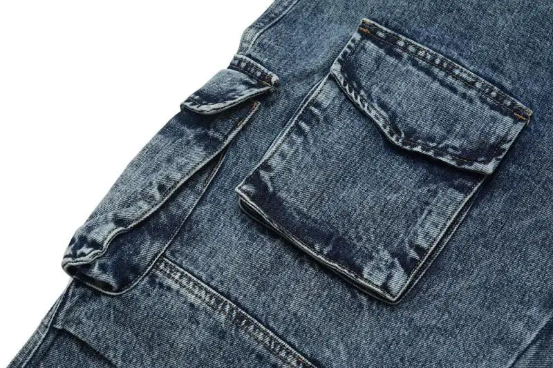 fashion loose streetwear cargo denim jeans unisex casual multi pocket wide legs jean pants hip hop joggers mens baggy jeans unique joggers style 1965
