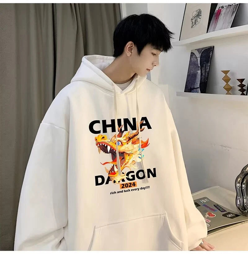 2024 New China Dragon Graphic Hoodies Men Hip Hop Streetwear Hoodie Sweatshirt Harajuku Fleece Printed Pullover Hoody Clothes Street King Limited