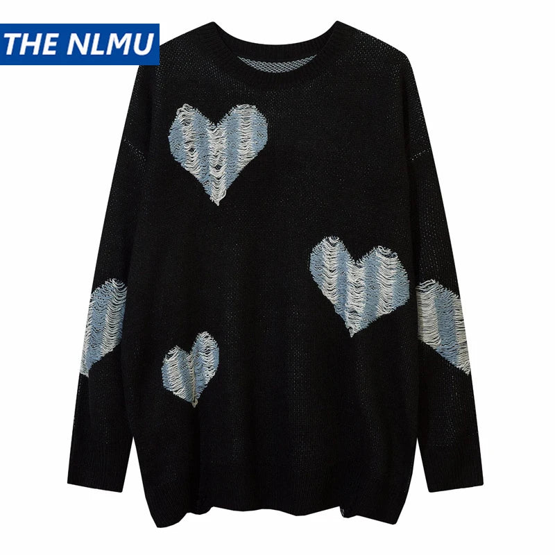 2023 Vintage Sweater Ripped Distressed Heart Graphic Knitted Jumpers Men Streetwear Harajuku Oversized Sweaters Y2K Pullover Street King Limited