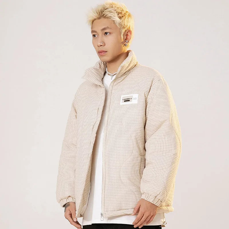 Men Winter Down Jacket Plaid Stand Collar Short Padding Coats American Retro High Street Cotton Parkas Ski Thick Couple Jackets Street King Limited
