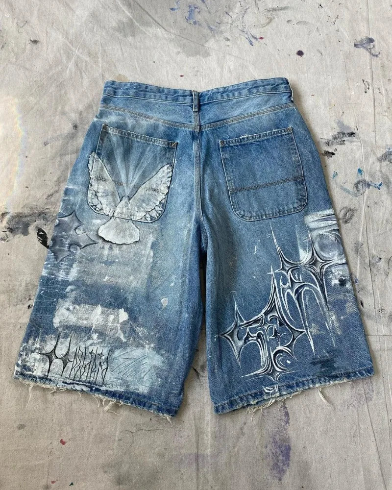 y2k american street retro graffiti anime print oversized denim shorts men shorts high waist fashion loose casual wide leg pants urban skinny jeans