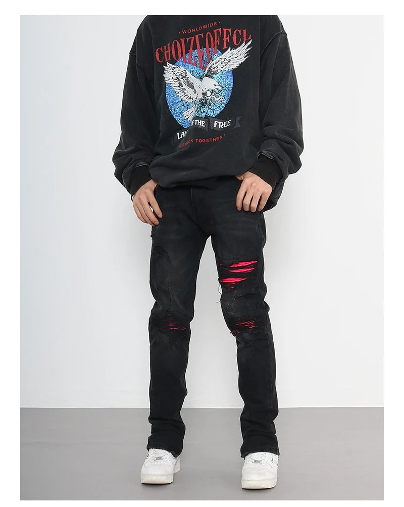 knee ripped patchwork jeans for men hip hop skinny biker taped jean trouser slim fit black denim pants fashion streetwear jogger unique joggers style 2007