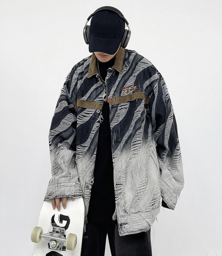 zebra printed harajuku denim jacket and coat mens hip hop patchwork ripped holes jeans outerwear casual streetwear jeans jackets unique jeans style 4693