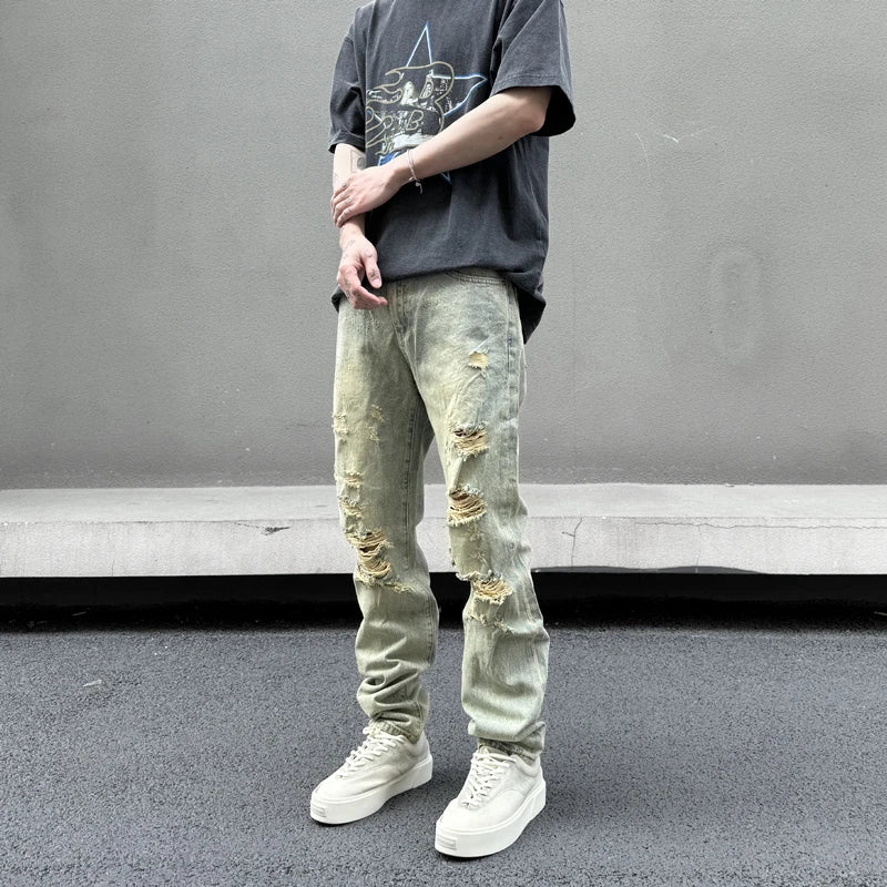 retro washed skinny jeans men pant destroyed ripped holes slim biker zipper jeans trousers fashion streetwear hip hop joggers unique joggers style 4202
