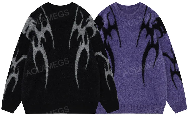 Men Sweater Harajuku High Street Winter Warm Knitted Coat Oversized Thorn Pattern Top Loose Gothic Punk Pullover Street King Limited