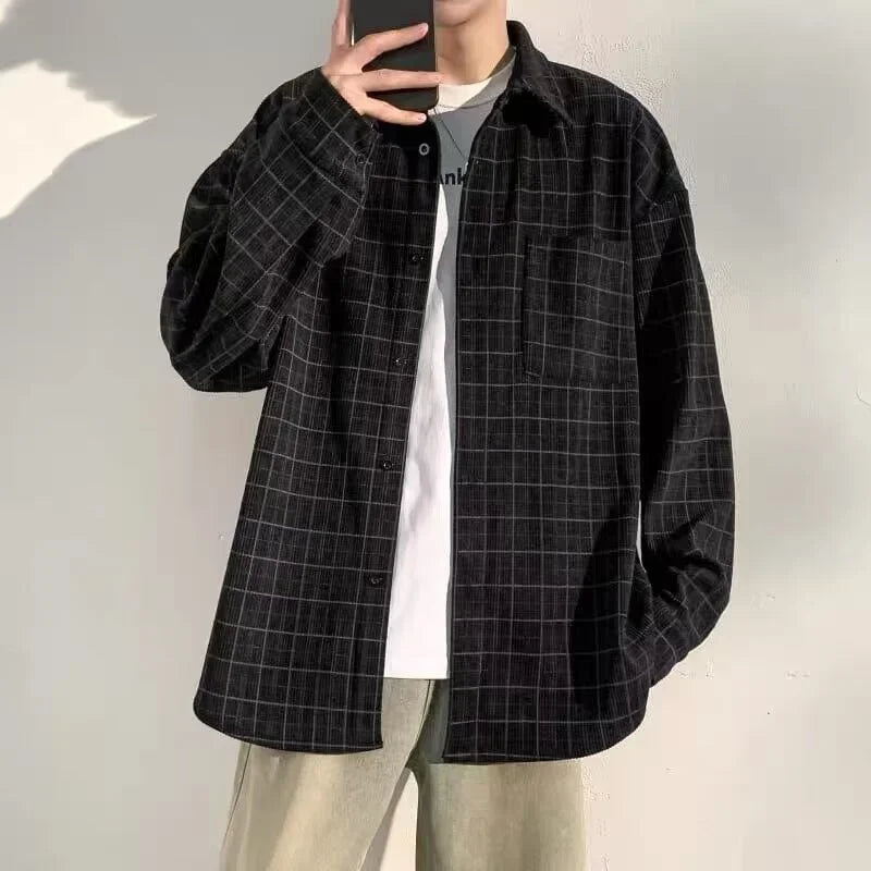 Streetwear Autumn Long Sleeve Corduroy Plaid Shirt Mens High Street Retro Casual Autumn Long Sleeve Corduroy Plaid Shirt Mens High Street Retro Casual Social Blouses Korean Fashion Loose Y2K Tee Shirts Fashion Sweater Jacket With Graphic Design For Men
