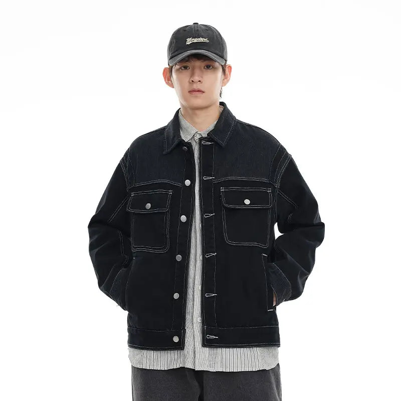 black denim splice coat mens streetwear fashion vintage loose casua plus size denim jacket man spring autumn coat outerwear denim street jeans