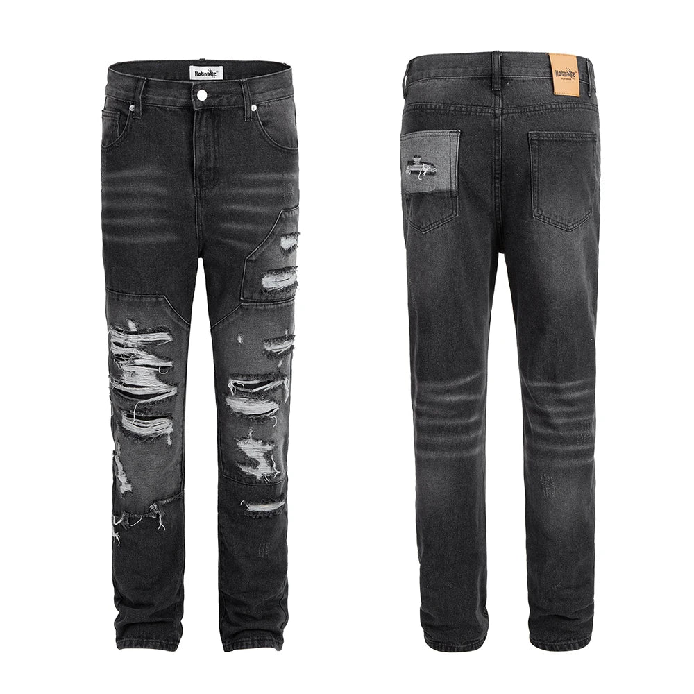 vintage washed ripped hole slim pencil pants mens and womens streetwear frayed distressed baggy jeans oversize loose denim pants stacked flare jeans