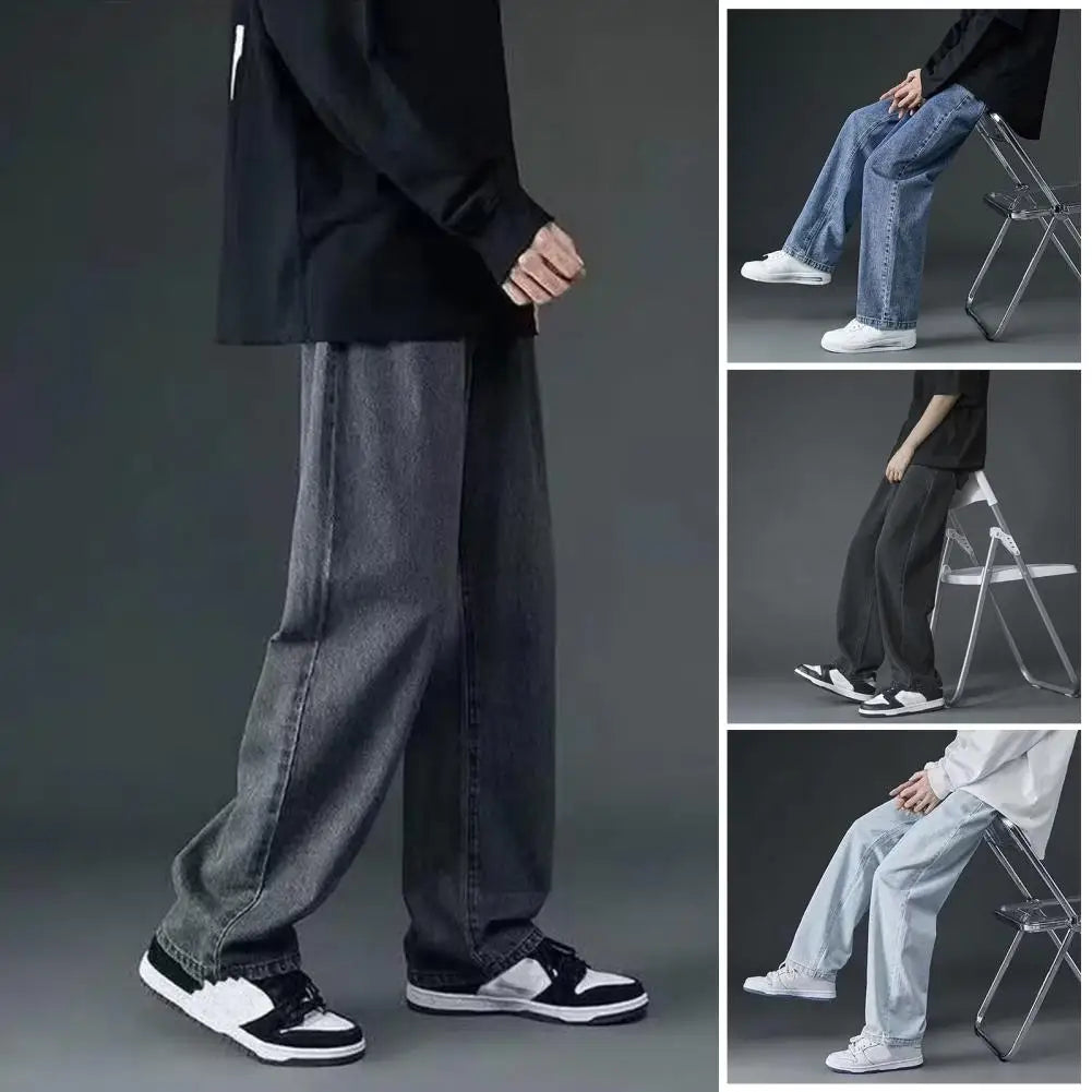 korean mens casual long jeans loose retro straight baggy pants denim wide leg pants light blue grey black retro washed jeans unique jeans style 1227