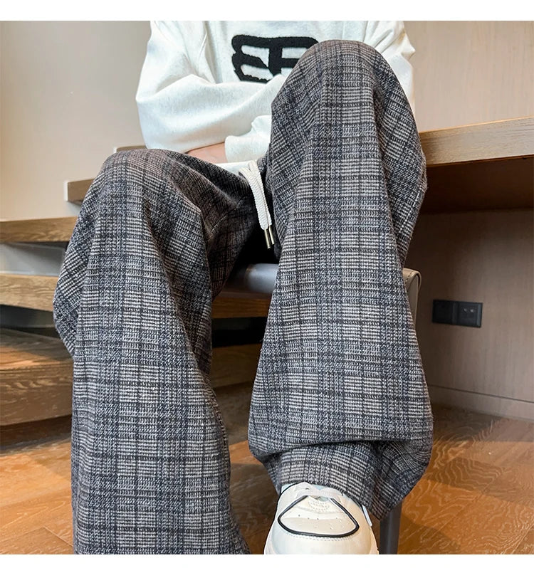mens plaid pants baggy winter trendy fleece loose straight wide leg mopping trousers unisex thick velvet warm long pants unique default style 1114