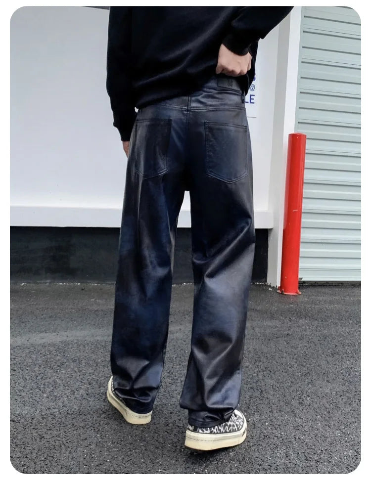 men streetwear fashion hip hop punk gothic vibe casual straight leather pant man y2k trousers motorcycle pants stage clothing unique default style 2311