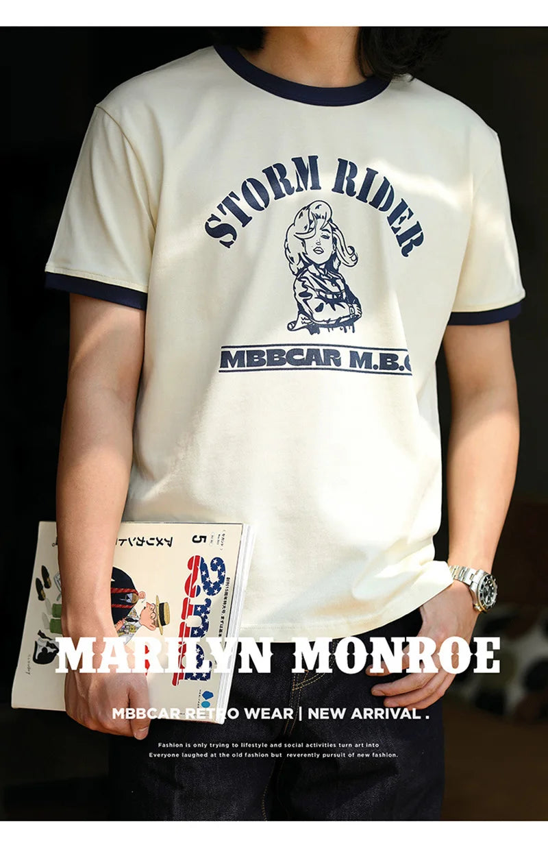 Summer Classical Monroe Retro Men's Short-sleeved T-shirt 100% Cotton Color Contrast Printing Round Neck T-shirt Street King Limited