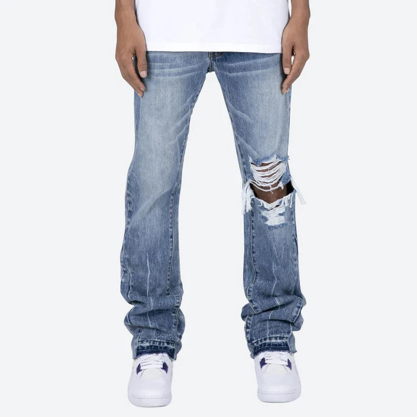 Contrast Color Hole Washed Blue Jeans for Men Streetwear Loose Ripped Flare Pants Frayed Retro Casual Oversized Denim Trousers Street King Limited