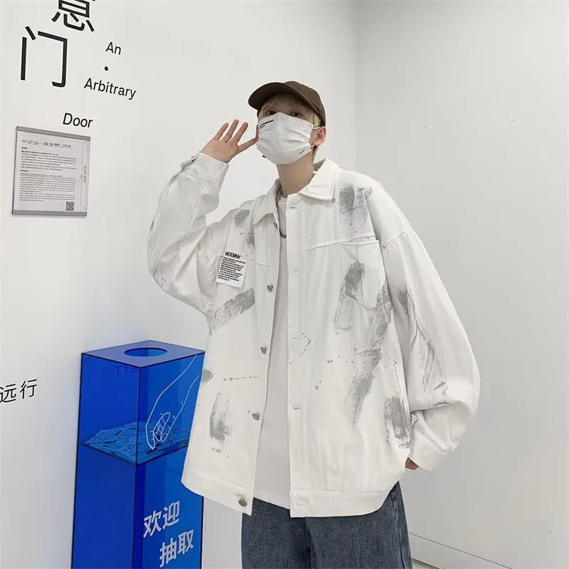 new graffiti tie dye denim jackets for men autumn high street appliques button coats harajuku fashion vintage jeans jacket unique jeans style 102