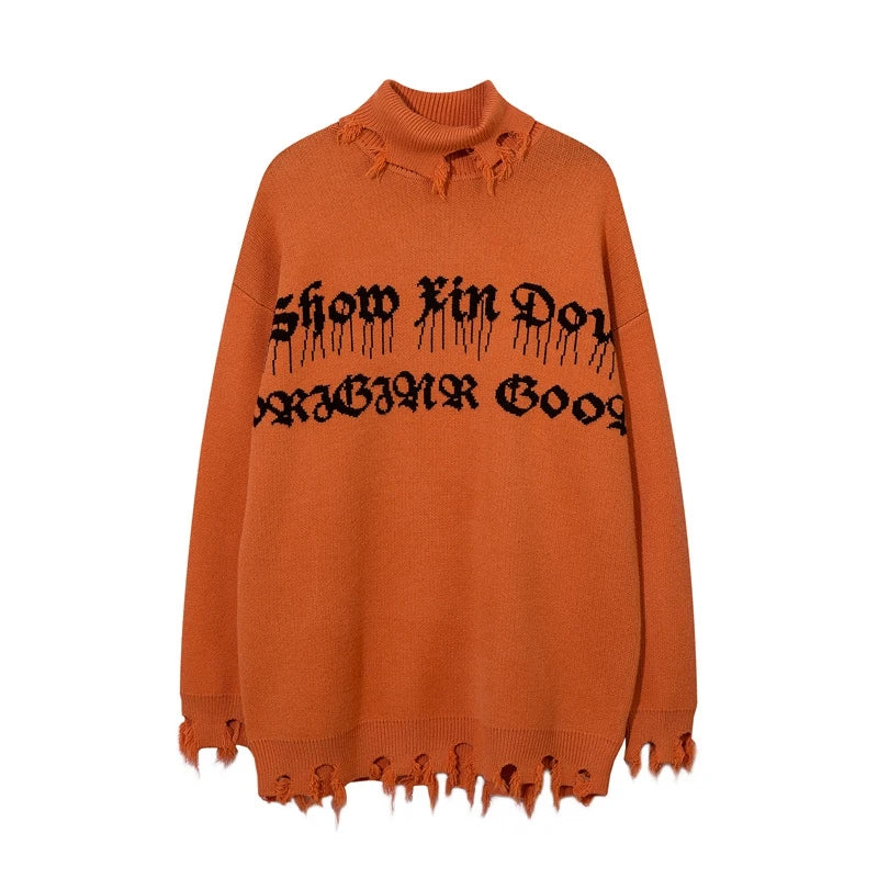 Half High Collar Goth Women Men Sweaters Oversized Long Sleeve Knitted Pullovers Y2k Men Ripped Sweater Harajuku Streetwear Tops Street King Limited