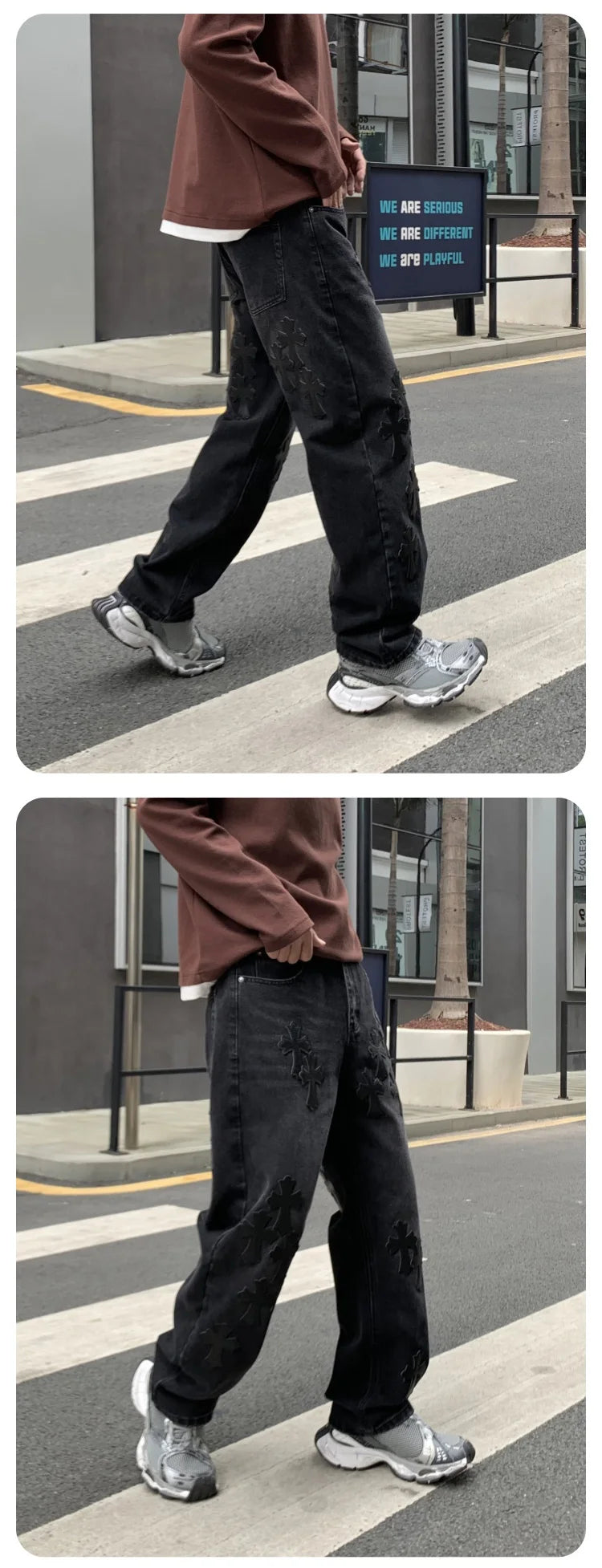 men embroidery streetwear brand fashion hip hop loose casual straight motorcycle denim jeans pant cityboy y2k jeans trousers unique jeans style 2371