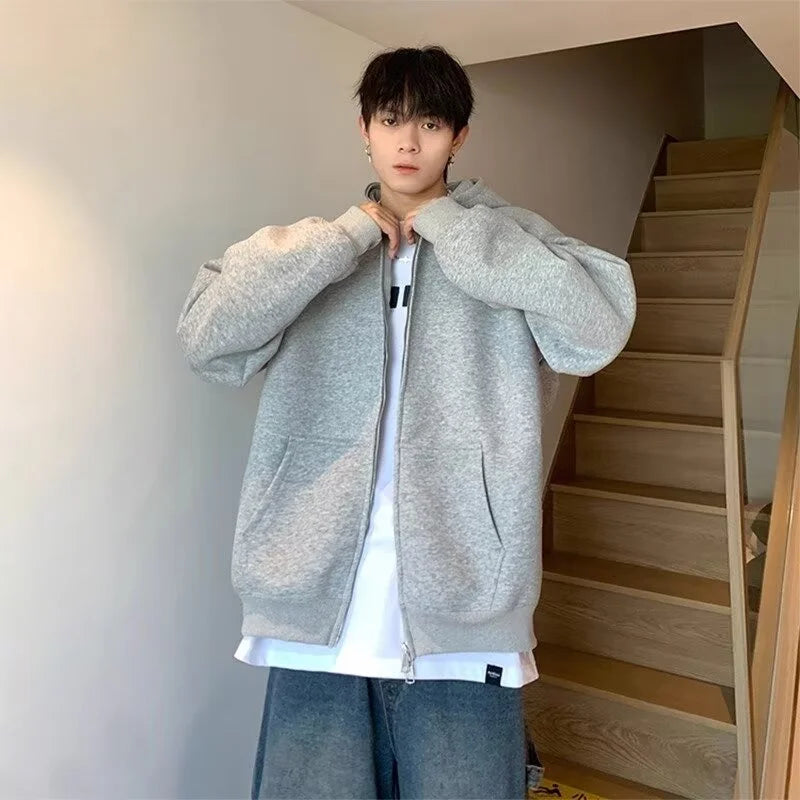 winter mens fleece zipper hooded sweatshirts 2025 new classic solid color oversized hoodies y2k streetwear outerwear tracksuit unique default style 24