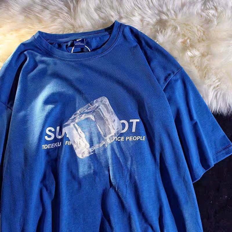Summer New Cotton American Street Trend Ice Block Print Graphic T-shirt for Men and Women Casual Loose Personality Short Sleeve Street King Limited