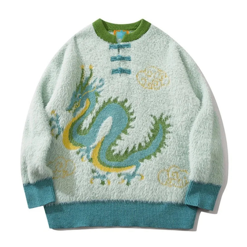 Hip Hop Knitted Sweater Unisex New Year Chinese Tie Dragon Pattern Pullover Streetwear Casual Loose Sweater Warm Jumper Knitwear Street King Limited