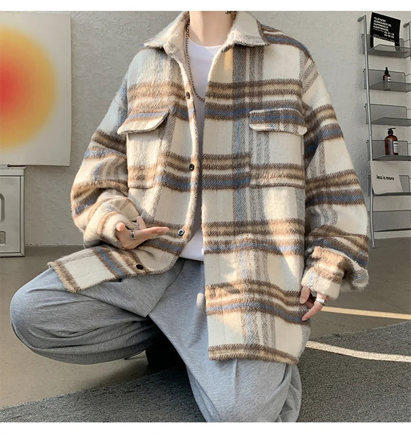 winter y2k vintage striped woolen jackets for men patchwork long sleeve plaid cardigan coats high street cargo shirt jacket unique cargo style 77