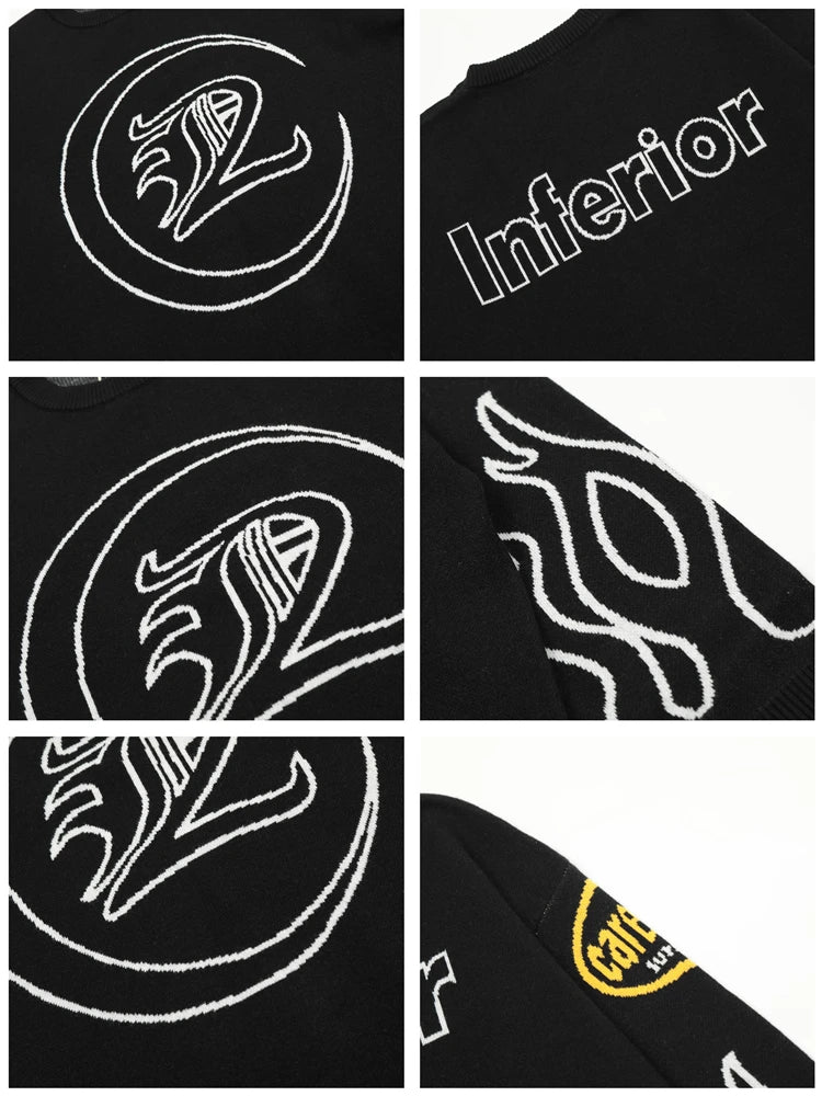 Hip Hop Knitted Sweater Men Letter Fire Pattern O-neck Pullover Streetwear Casual Loose Sweater Unisex Harajuku Jumpers Knitwear Street King Limited