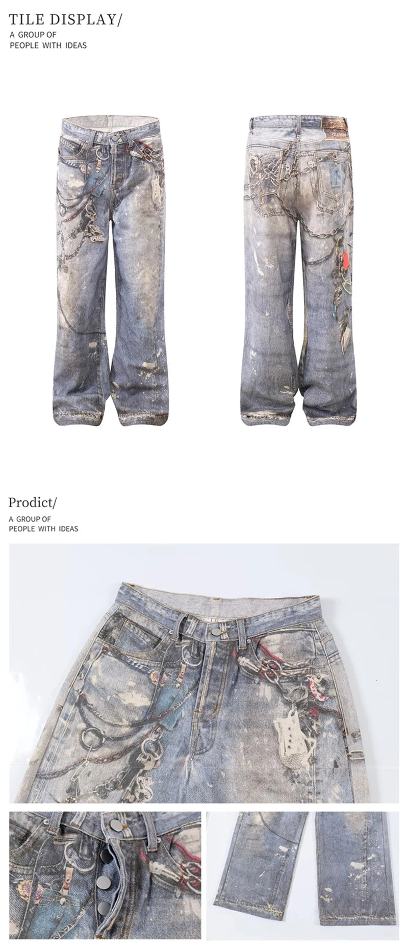 new 3d chain printed baggy jeans for men and women casual baggy straight denim pants high street wide leg y2k blue jean unique jeans style 429