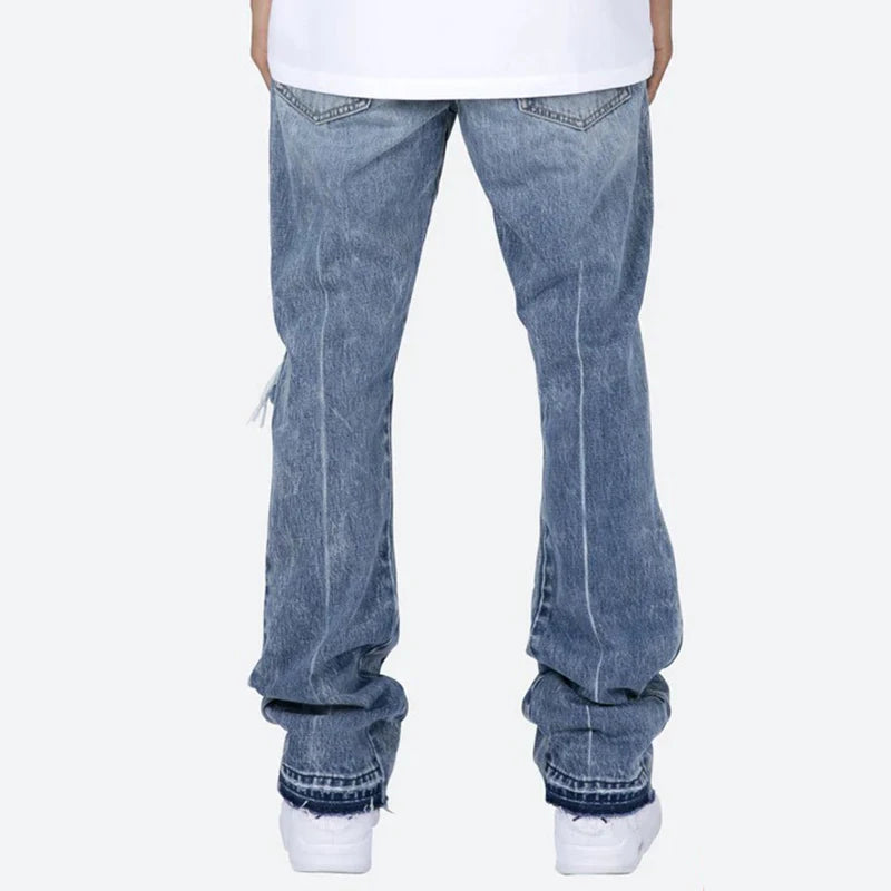 Contrast Color Hole Washed Blue Jeans for Men Streetwear Loose Ripped Flare Pants Frayed Retro Casual Oversized Denim Trousers Street King Limited