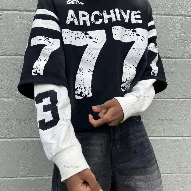 Trendy Brand Alphanumeric Printing Oversized Splicing Long-sleeved Men Y2k Street Hip-hop Rock Casual Retro Pullover Women Street King Limited