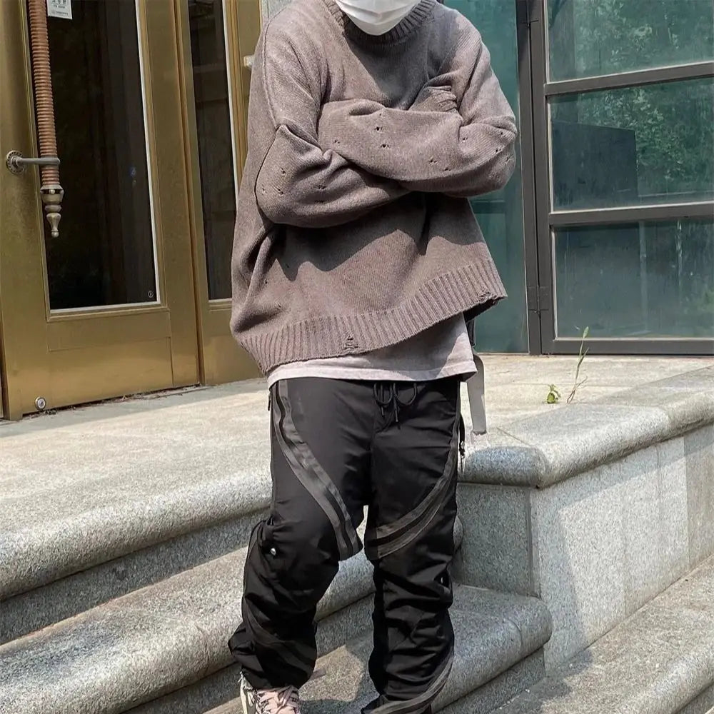 Undermycar 2023 New High Street Fashion Brand Worn Out Hole Large Loose Round Neck Sweater Brown Street King Limited