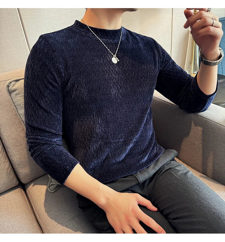Autumn Winter Semi-turtleneck Stretch Slim Fit Long Sleeve Tshirt Men Thicken Velvet Jacquard Casual T-shirt Bottom T Shirt Street King Limited