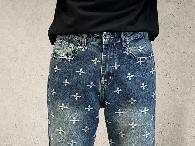 autumn winter new trendy brand jacquard jeans men high street hiphop casual fashion loose denim jeans pants boyfriend trousers unique jeans style 2835