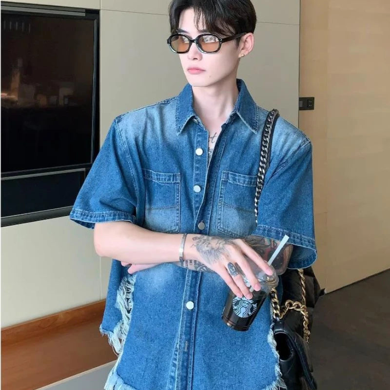 summer trend mens set shoulder padded short sleeved denim shirt quick drying casual pants 2 pcs set american retro street suit unique jeans style 3886
