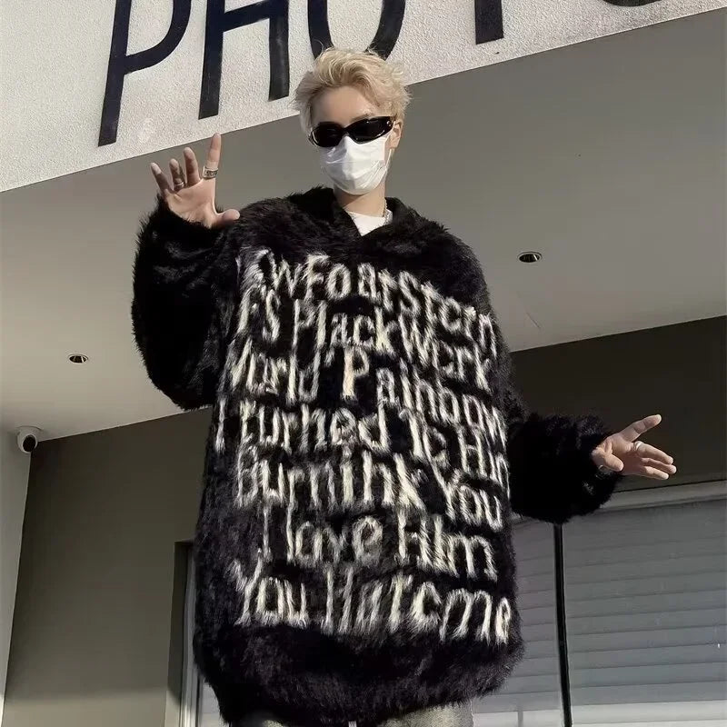 American Goth Fashion Hooded Sweater Mens Hip Hop Letter Jacquard Knit