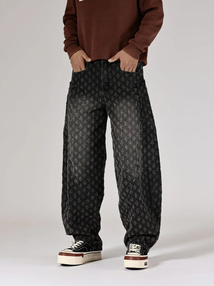 men brand fashion loose casual splice pocket jacquard vintage wide leg baggy jeans cityboy denim baggy jeans pants trousers unique jeans style 2859