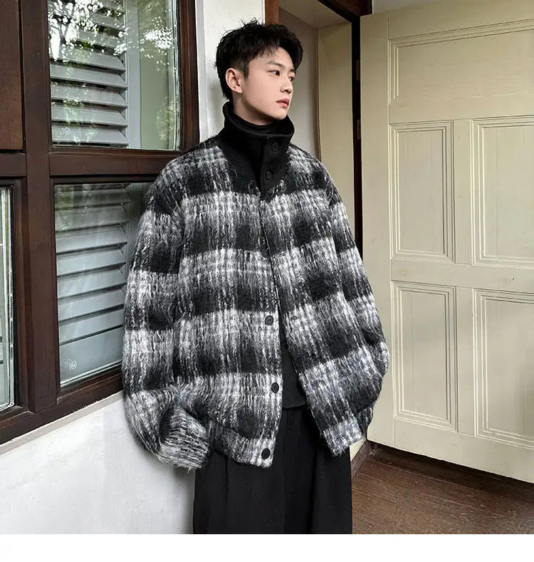 men turtleneck trendy brand fashion stripe christmas woolen bomber jacket women oversize plaid top coat outerwear unique default style 1170