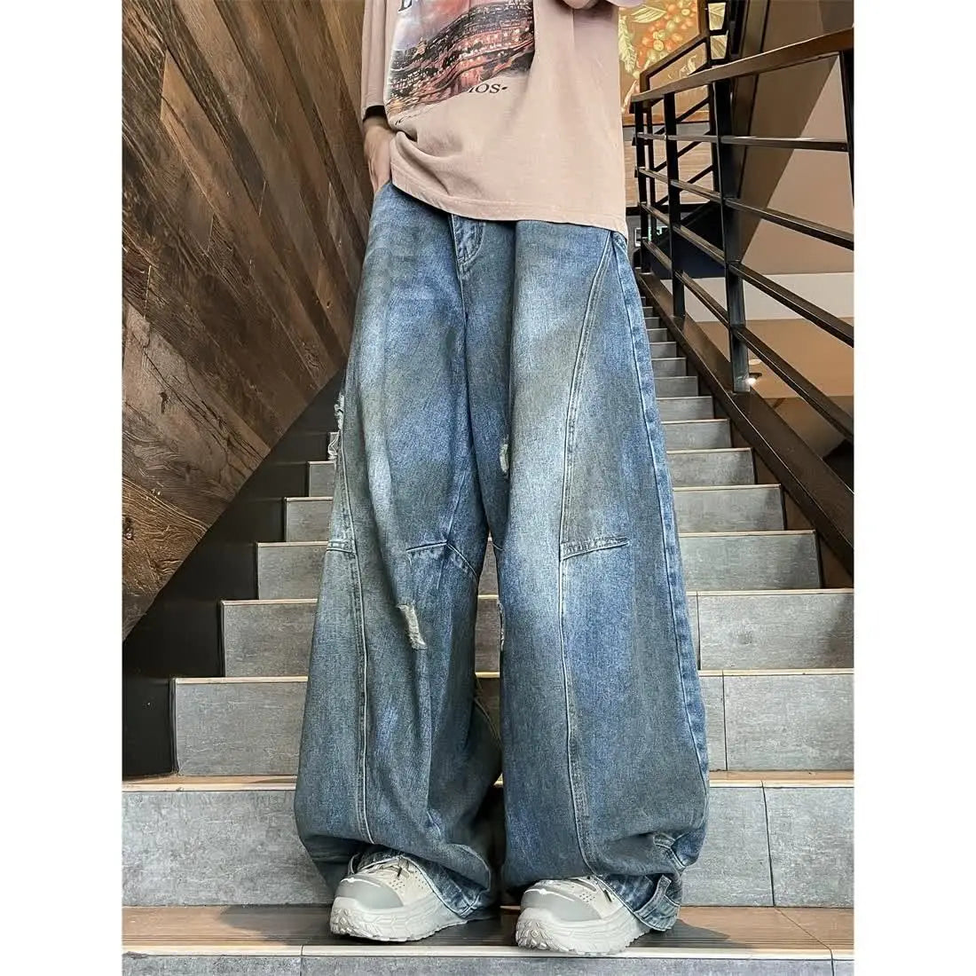 american style dirty and torn hole design straight leg wide leg jeans for men and women high street loose street casual pants vintage washed jeans