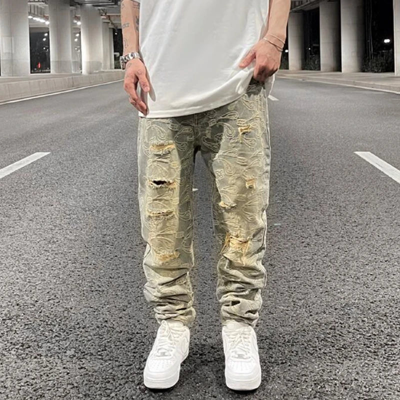 fashion paisy denim jeans mens destoryed holes zipper jeans pants hip hop streetwear new summer casual joggers loose jeans pants streetwear sweatpants