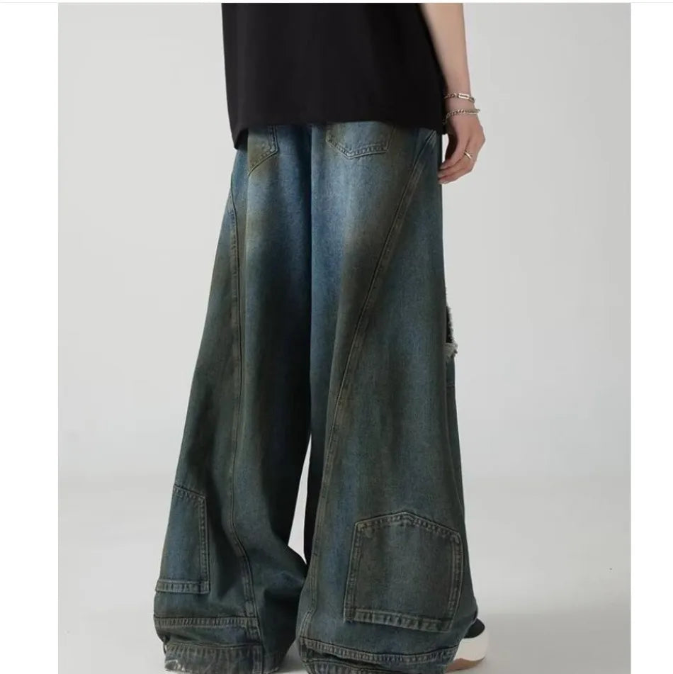Summer High Street Hip Hop Jeans Mens Halo Dye Hole Washed Straight Denim Pants Loose Silhouette Retro Micro Flared Trousers Street King Limited