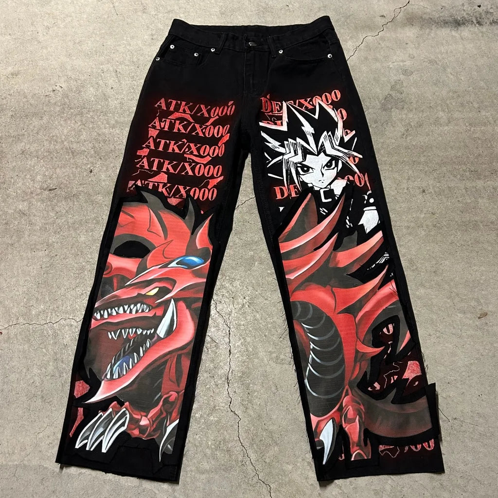 harajuku many ghost faces print y2k men s jeans popular anime baggy jeans wide leg pants streetwear trouser men clothing unique jeans style 4485