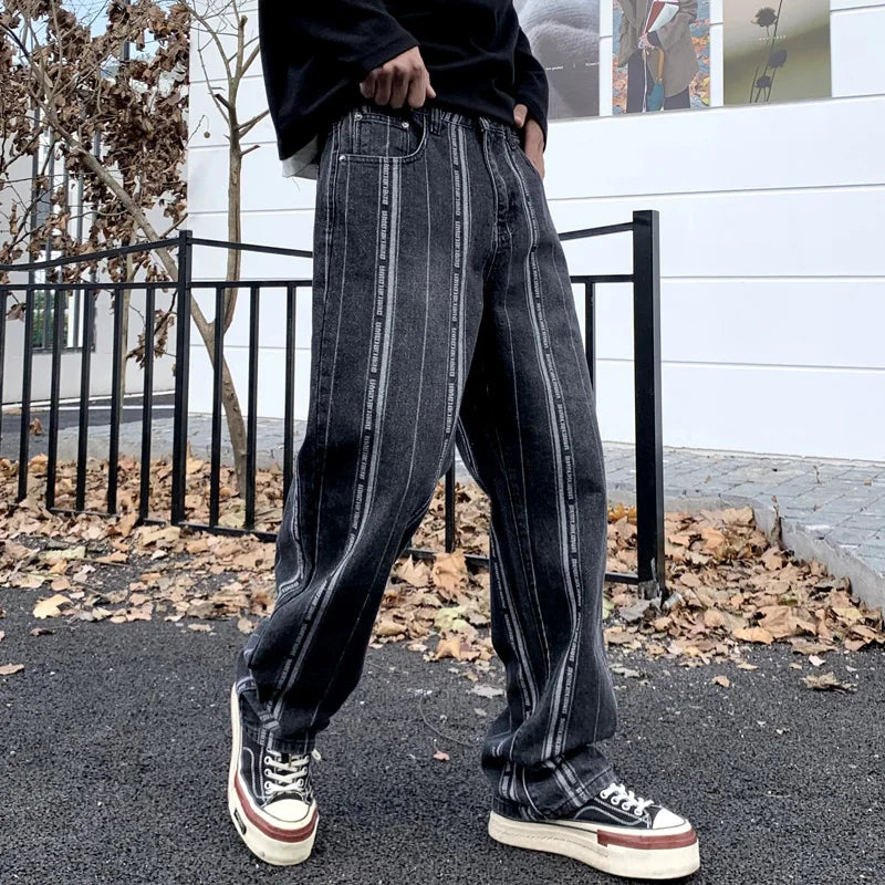 men streetwear brand fashion hip hop loose casual straight stripe motorcycle denim jeans pant cityboy y2k jeans trousers stacked flare jeans