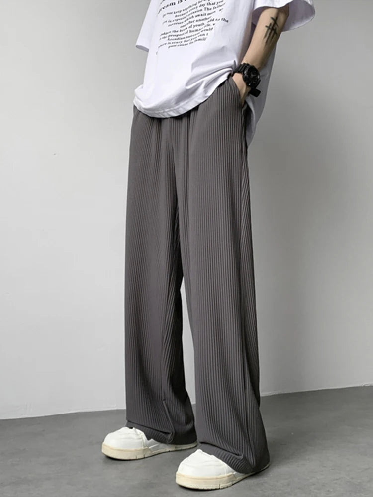 summer texture straight pants for men korean fashion baggy wide leg trousers casual drape pleated striped y2k pantalones hombre unique default style 500