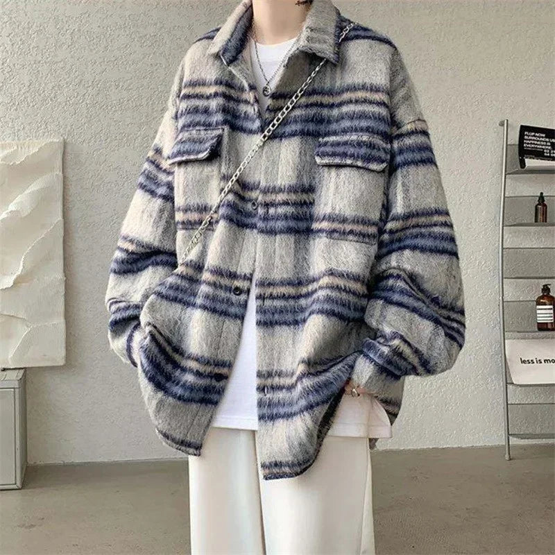 winter y2k vintage striped woolen jackets for men patchwork long sleeve plaid cardigan coats high street cargo shirt jacket multi-pocket cargos